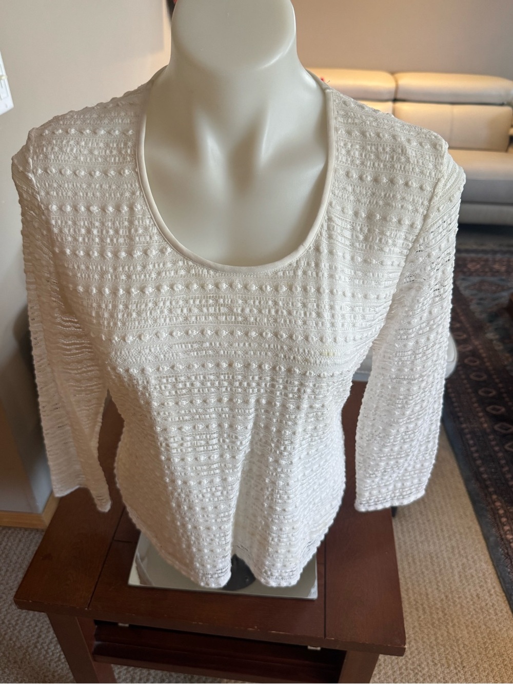 Textured Cream Long-Sleeve Scoop Neck Top